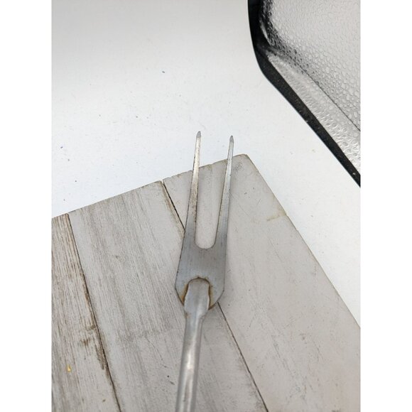 Vintage EKCO Chrome Plated Solid Meat Utility Fork Tan Wood Handle 13" - Picture 2 of 8